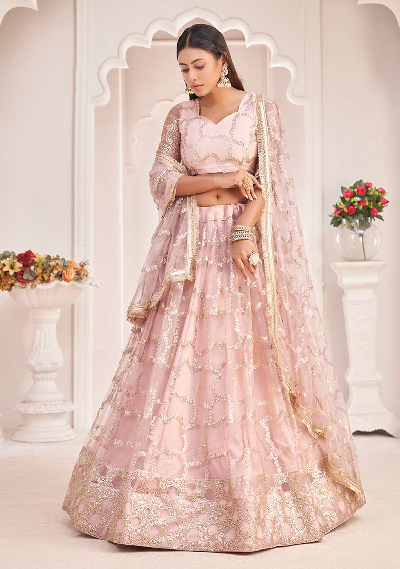 Baby Pink Thread Embroidered Butterfly Net Lehenga Set for Diwali and Festive Wear - Indya