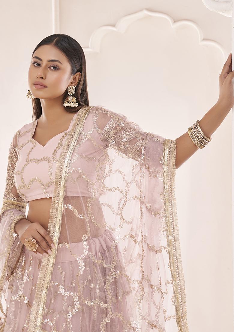 Baby Pink Thread Embroidered Butterfly Net Lehenga Set - Indya