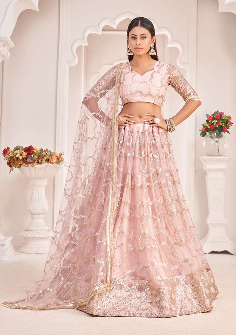Baby Pink Thread Embroidered Butterfly Net Lehenga Set for Diwali and Festive Wear - Indya