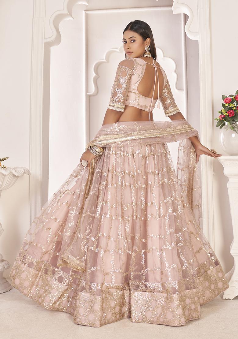 Baby Pink Thread Embroidered Butterfly Net Lehenga Set - Indya
