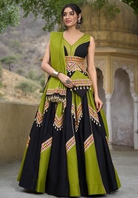 Green Embroidered Cotton Lehenga Choli