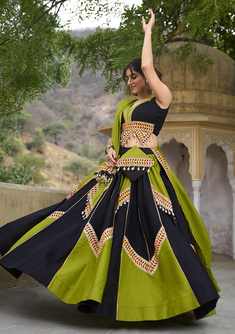 Green Embroidered Cotton Lehenga Choli - Indya
