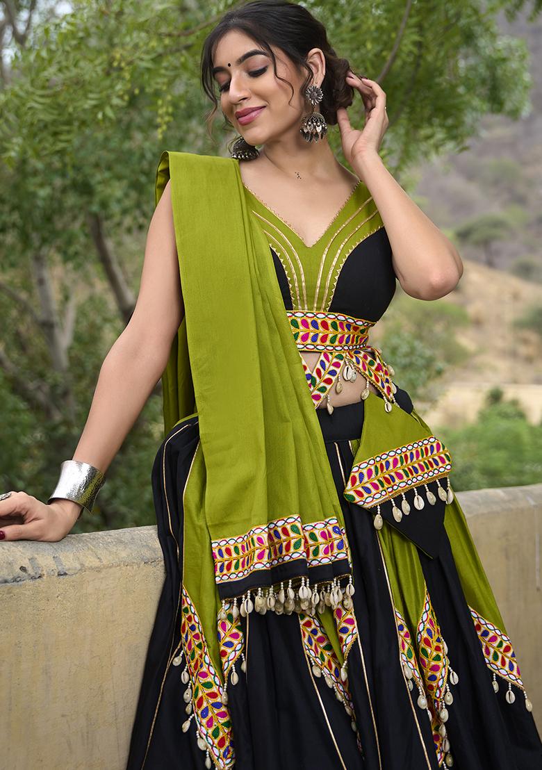 Green Embroidered Cotton Lehenga Choli - Indya