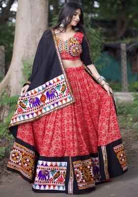 Red Embroidered Cotton Lehenga Choli