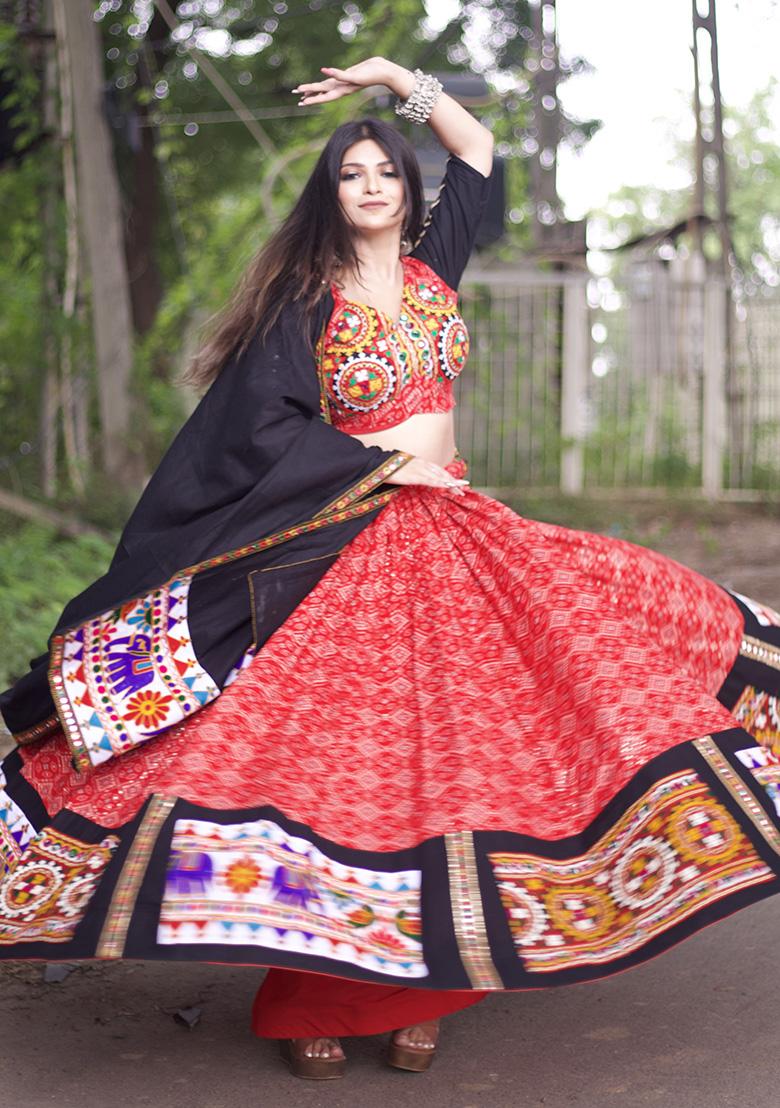 Red Embroidered Cotton Lehenga Choli - Indya