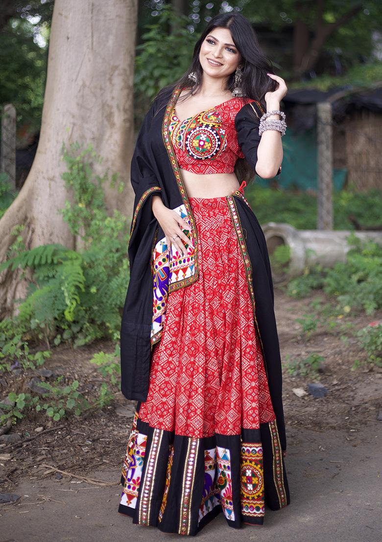 Red Embroidered Cotton Lehenga Choli - Indya