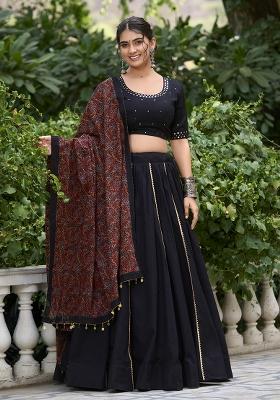 Black Embroidered Cotton Lehenga Choli
