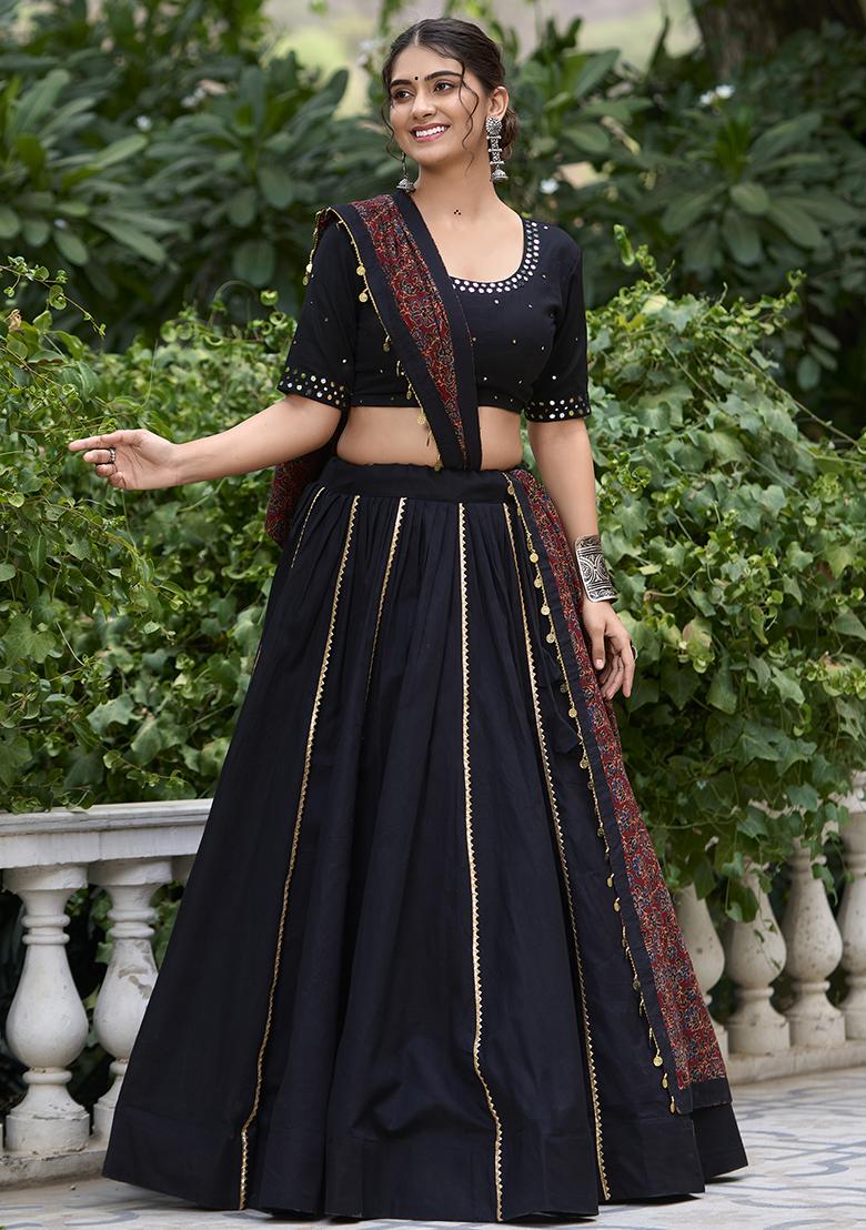 Black Embroidered Cotton Lehenga Choli - Indya
