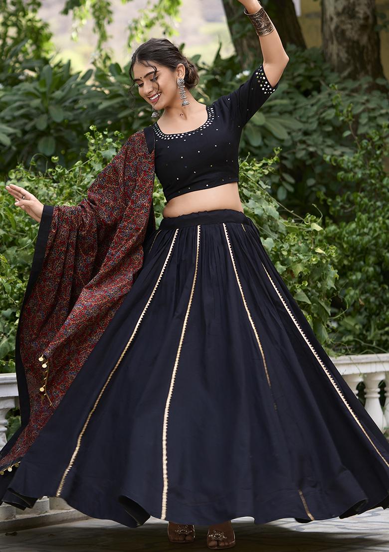 Black Embroidered Cotton Lehenga Choli - Indya