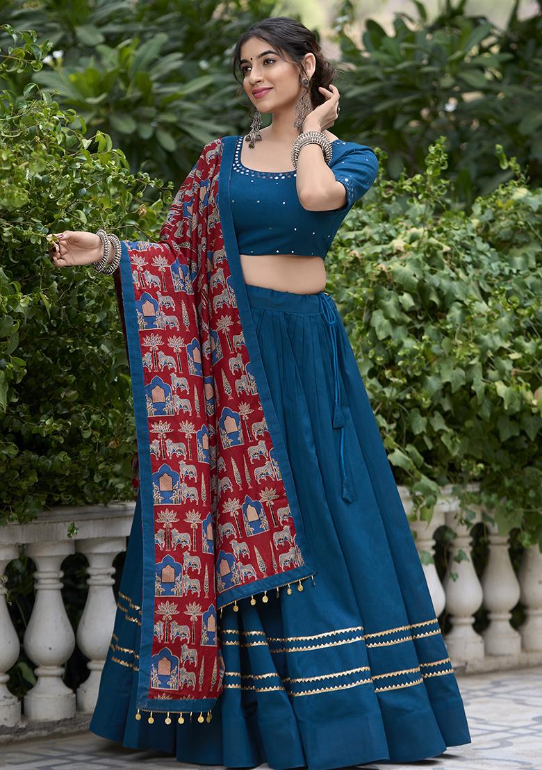 Blue Embroidered Cotton Lehenga Choli - Indya