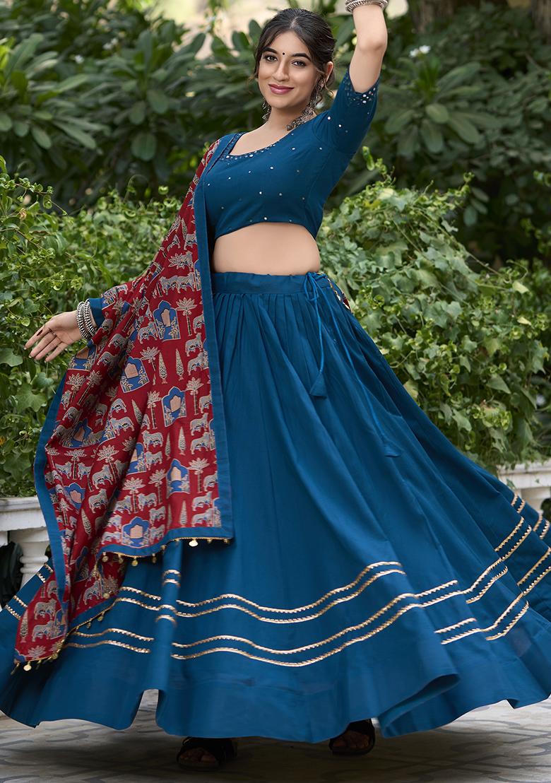 Blue Embroidered Cotton Lehenga Choli - Indya