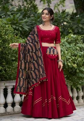 Maroon Embroidered Cotton Lehenga Choli