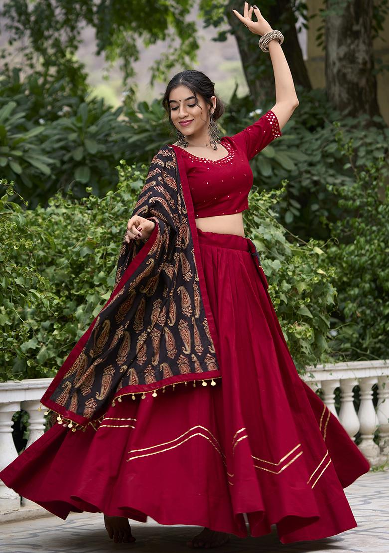 Maroon Embroidered Cotton Lehenga Choli - Indya