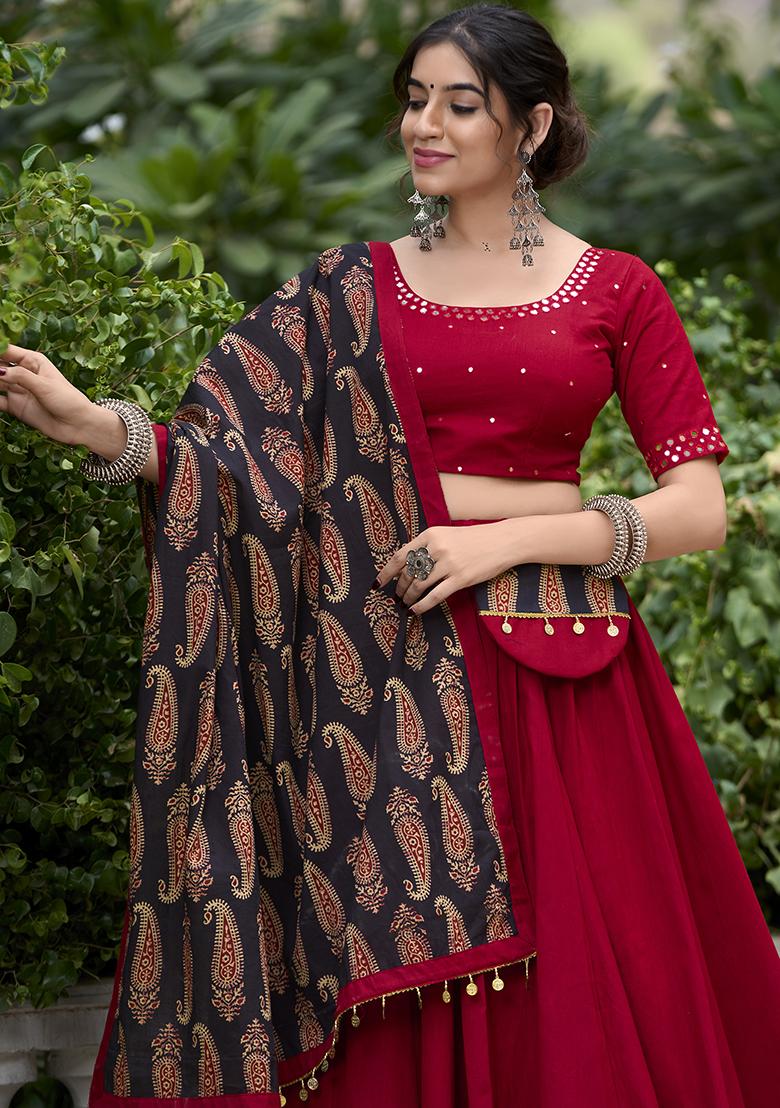 Maroon Embroidered Cotton Lehenga Choli - Indya