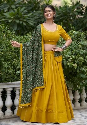 Yellow Embroidered Cotton Lehenga Choli