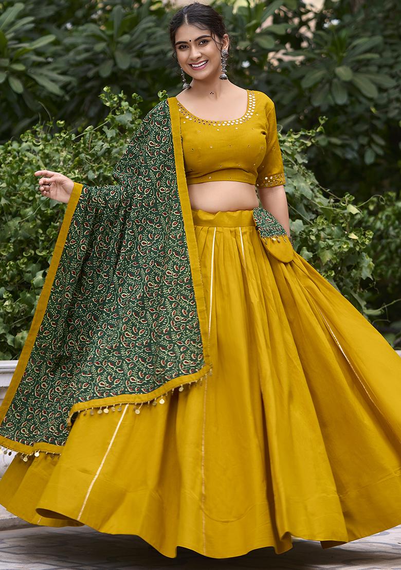Yellow Embroidered Cotton Lehenga Choli - Indya