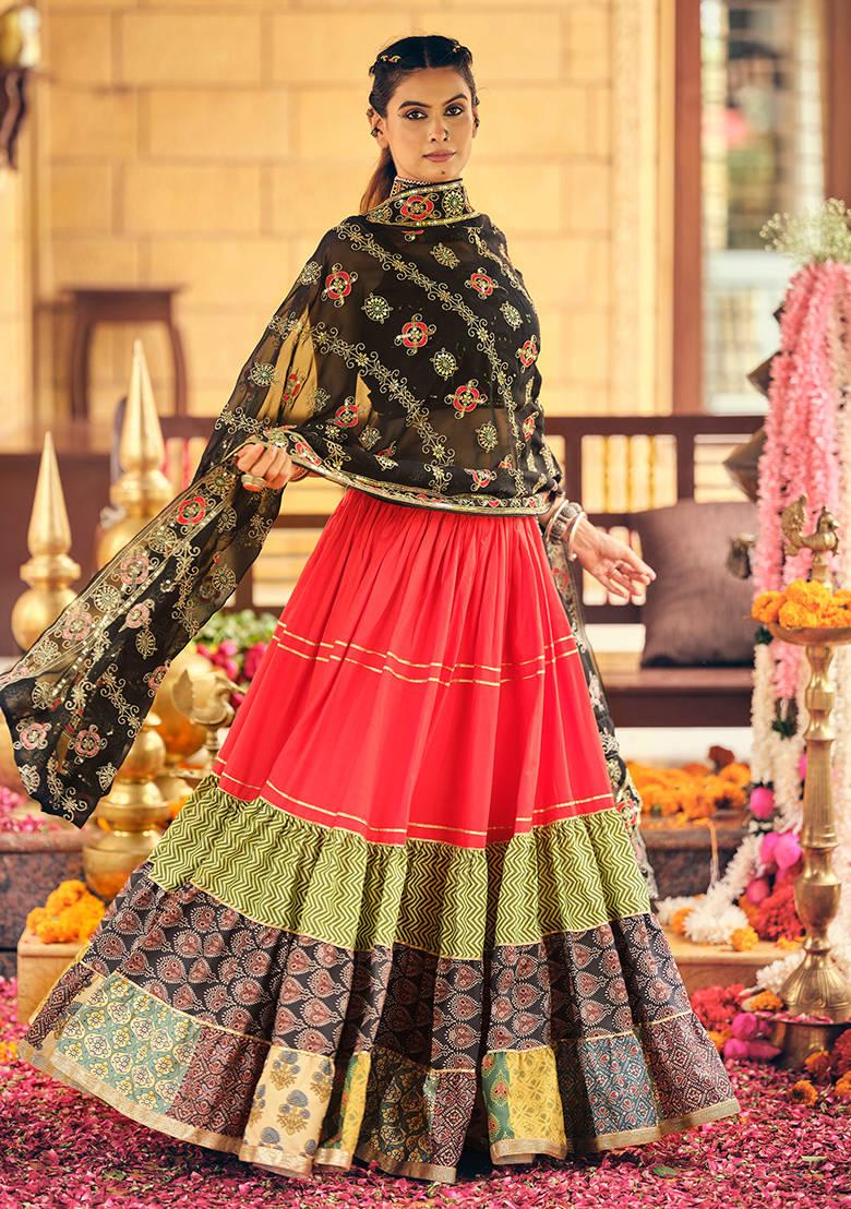 Red Printed Cotton Lehenga Choli - Indya
