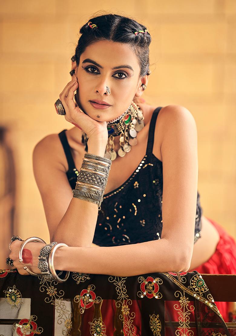 Red Printed Cotton Lehenga Choli - Indya