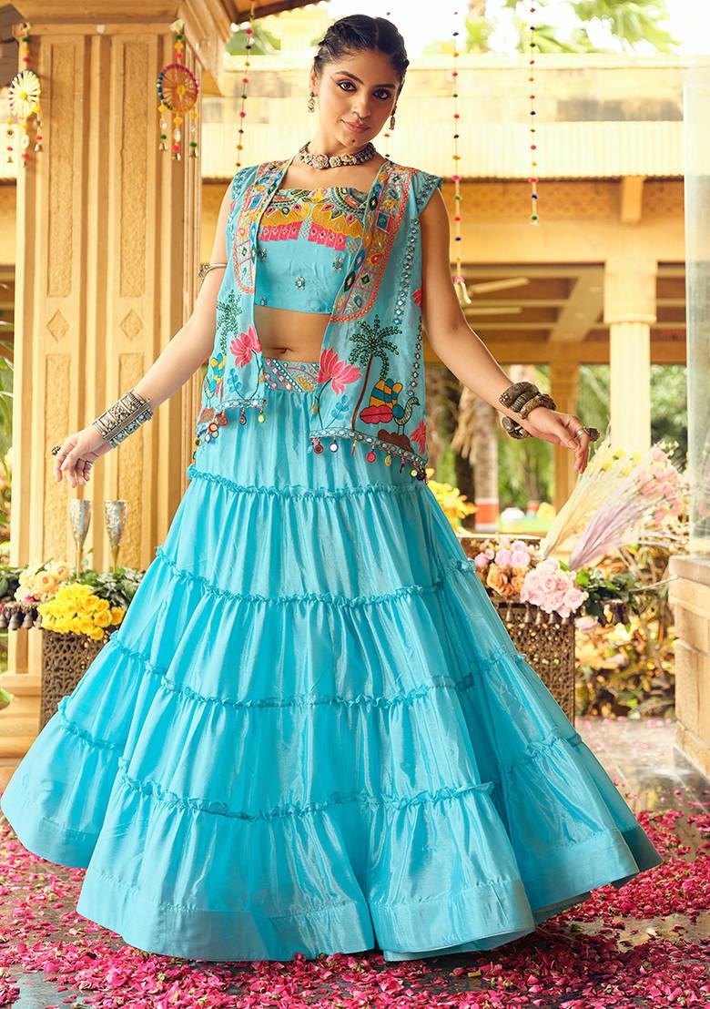 Blue Embroidered Chinon Lehenga Choli - Indya
