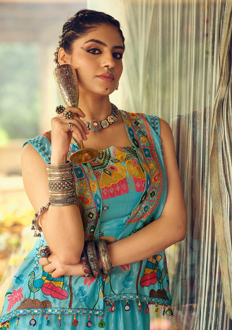 Blue Embroidered Chinon Lehenga Choli - Indya