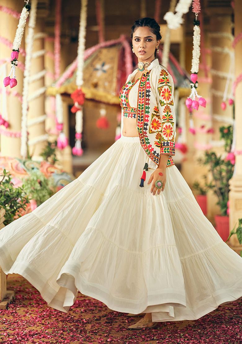 White Embroidered Cotton Lehenga Choli - Indya