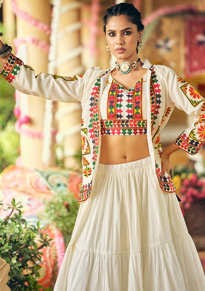 White Embroidered Cotton Lehenga Choli - Indya