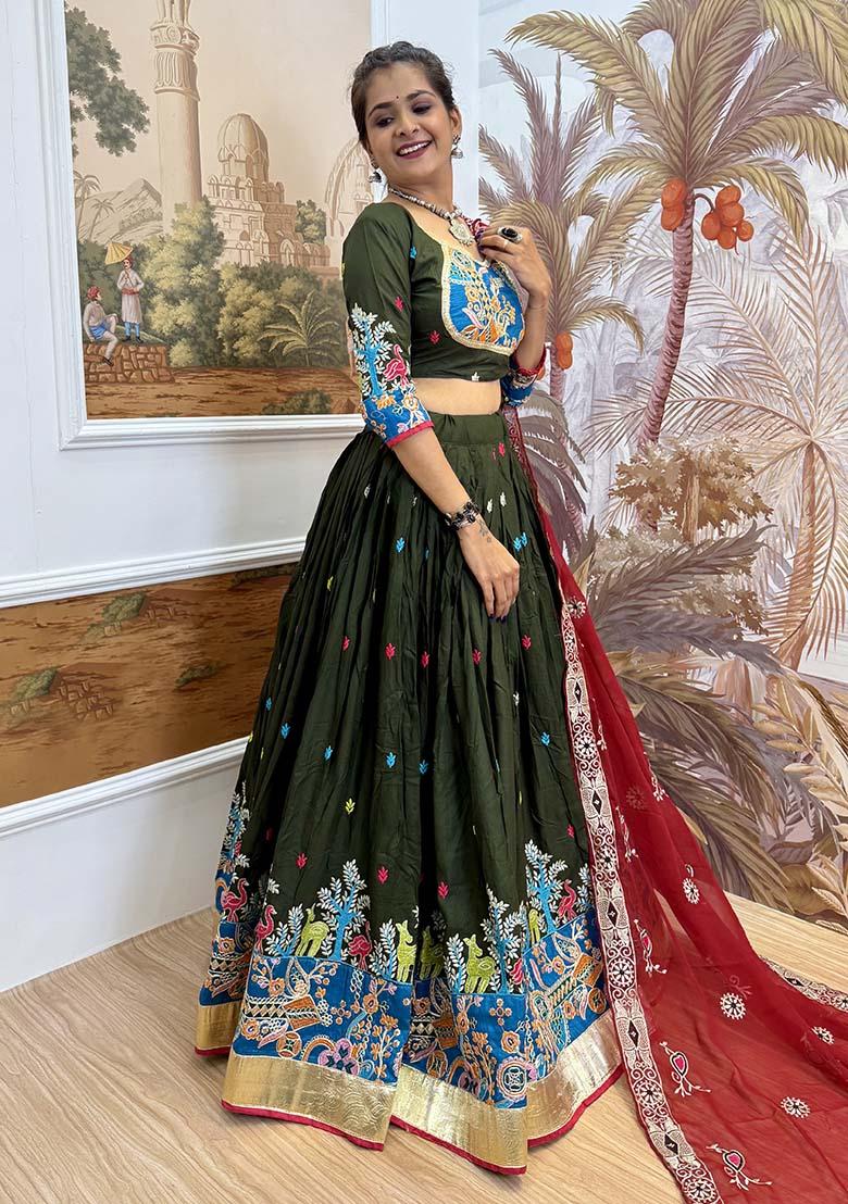 Green Embroidered Rayon Lehenga Choli - Indya