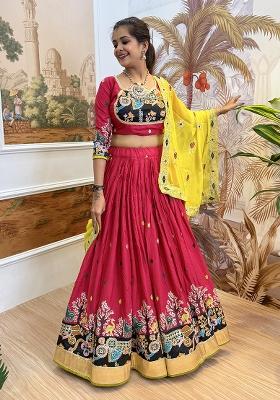 Red Embroidered Rayon Lehenga Choli