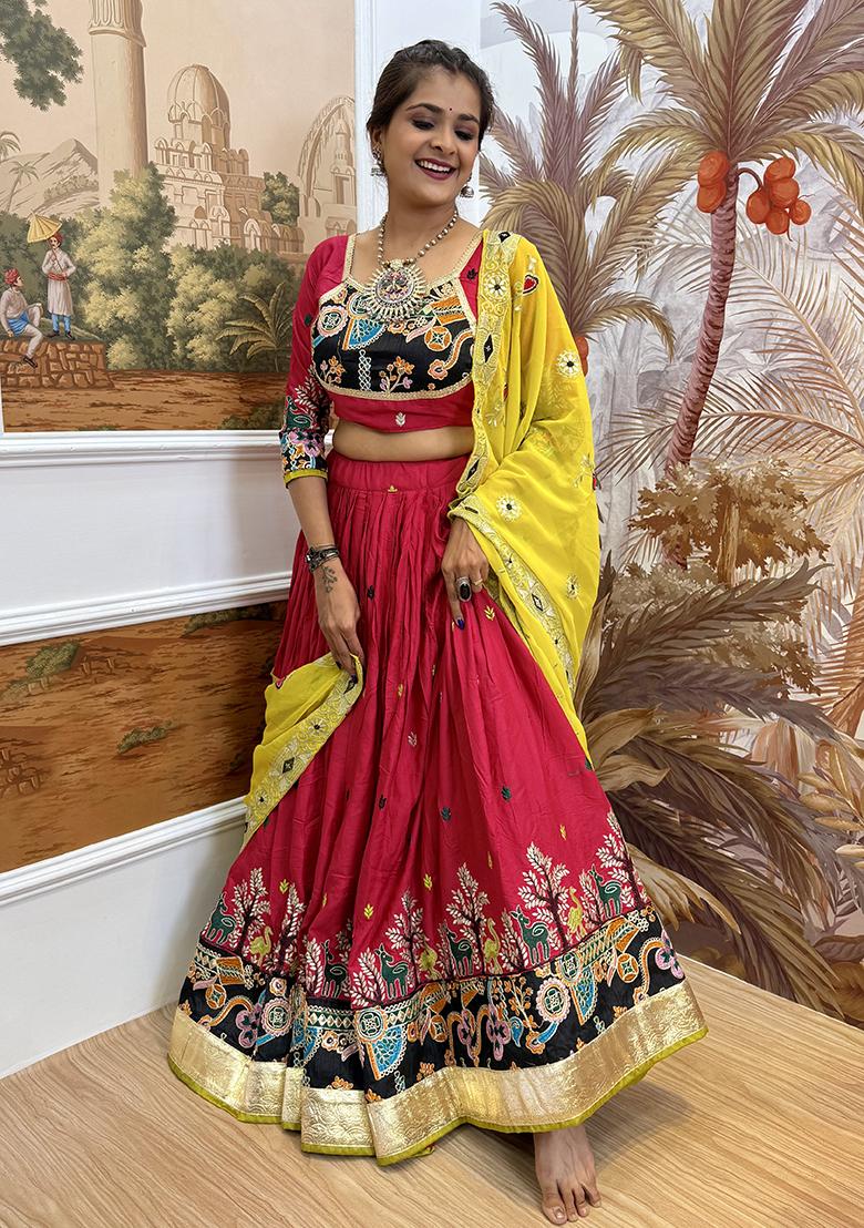 Red Embroidered Rayon Lehenga Choli - Indya