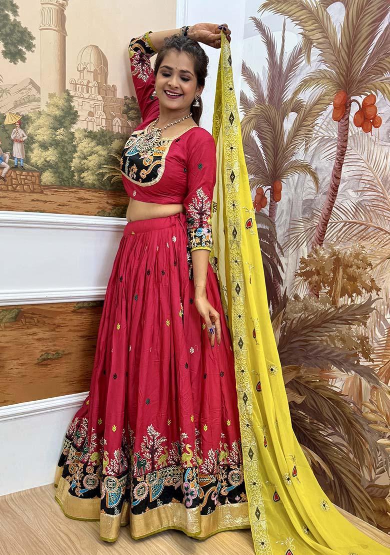 Red Embroidered Rayon Lehenga Choli - Indya