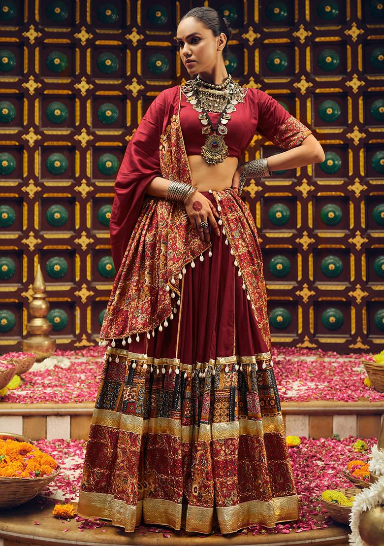 Maroon Printed Rayon Lehenga Choli - Indya