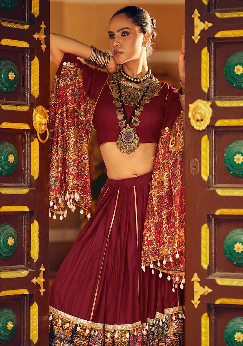 Maroon Printed Rayon Lehenga Choli - Indya