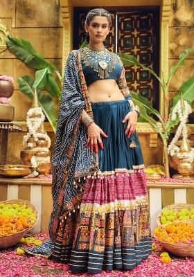 Blue Printed Rayon Lehenga Choli