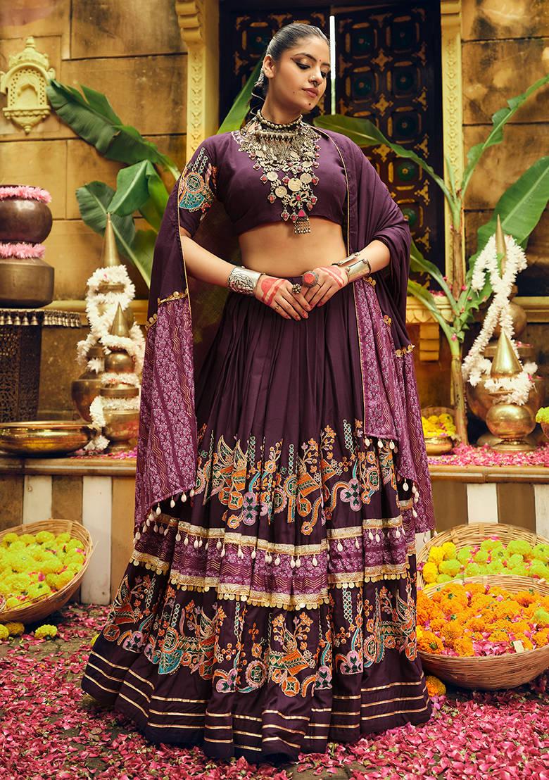 Wine Printed Rayon Lehenga Choli - Indya