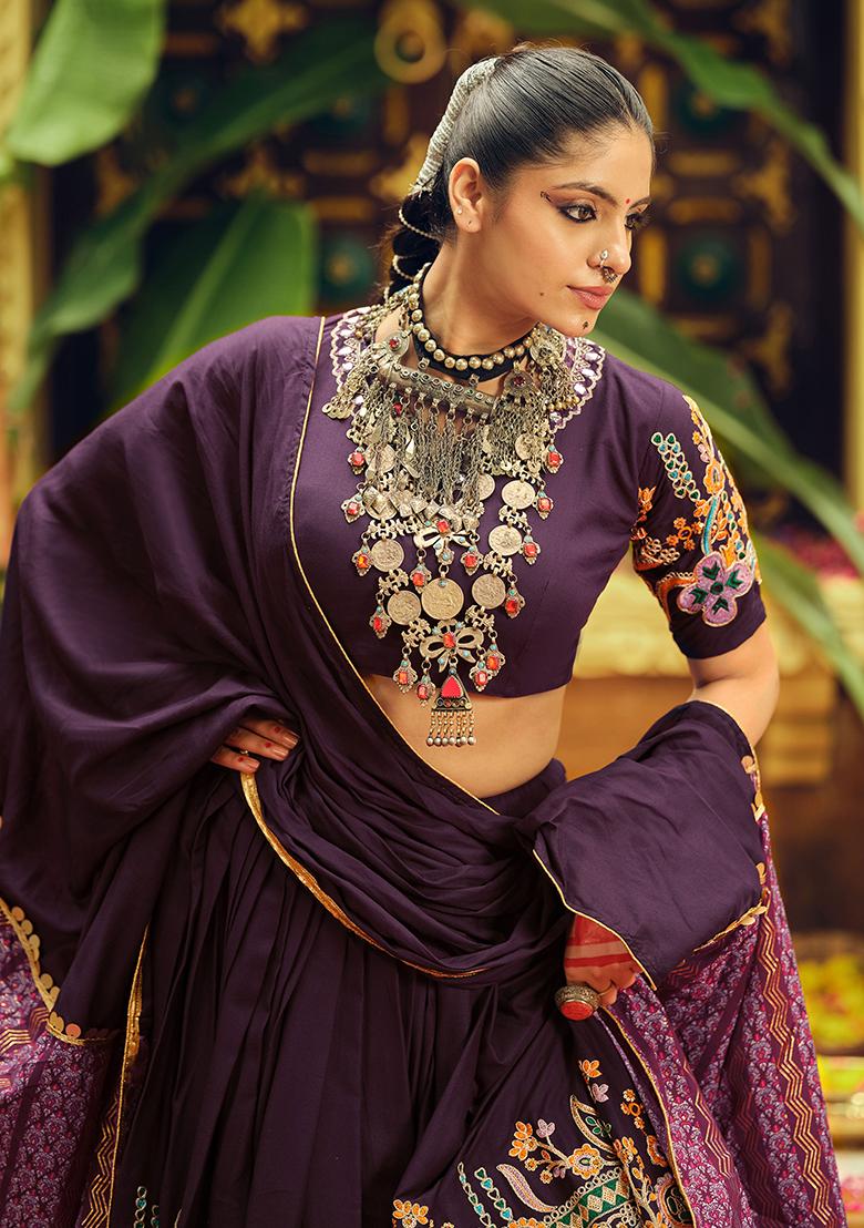 Wine Printed Rayon Lehenga Choli - Indya