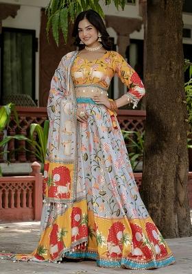 Grey Printed Silk Lehenga Choli