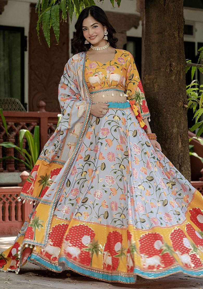 Grey Printed Silk Lehenga Choli - Indya