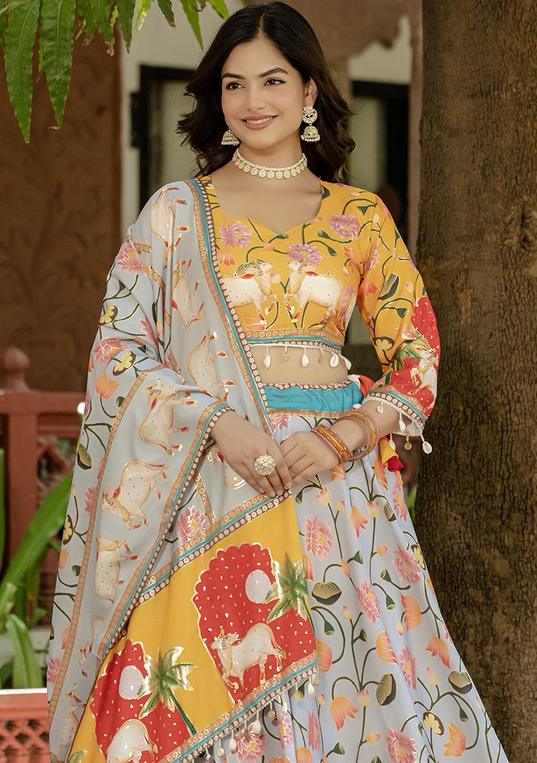 Grey Printed Silk Lehenga Choli - Indya