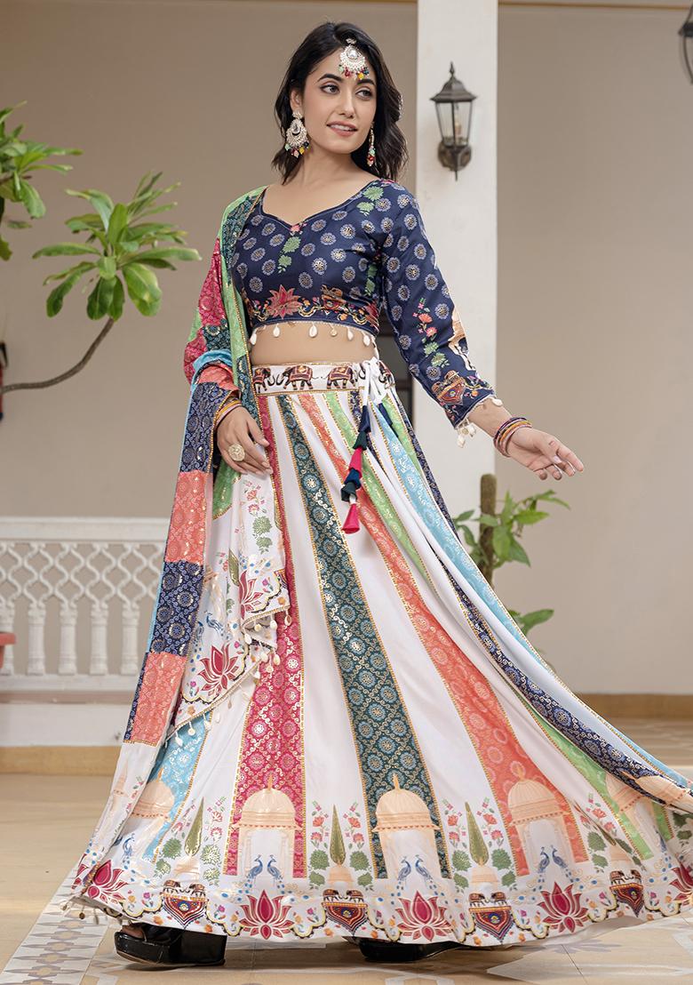 Multi Color Printed Silk Lehenga Choli - Indya