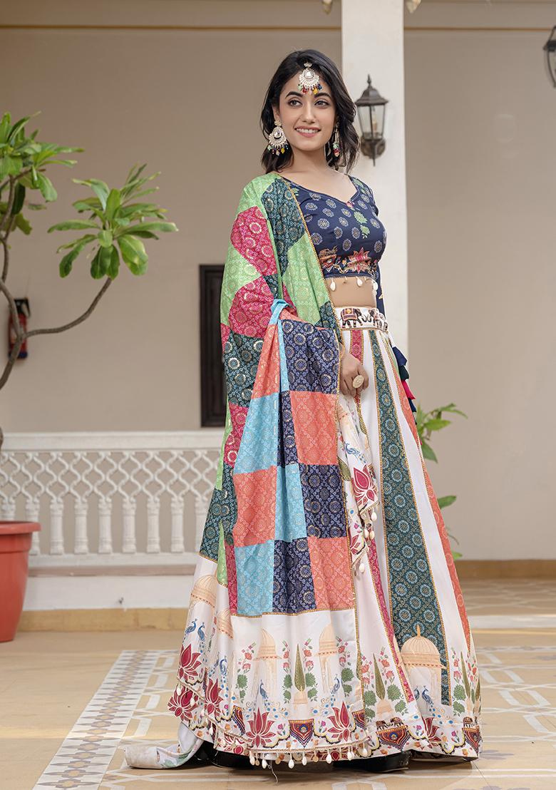 Multi Color Printed Silk Lehenga Choli - Indya