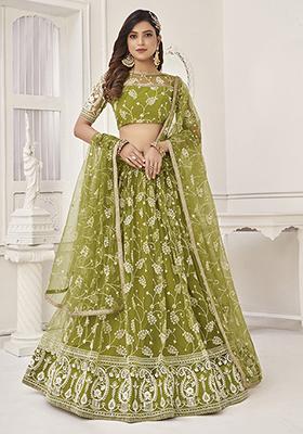 Green Thread Embroidered Butterfly Net Lehenga Set