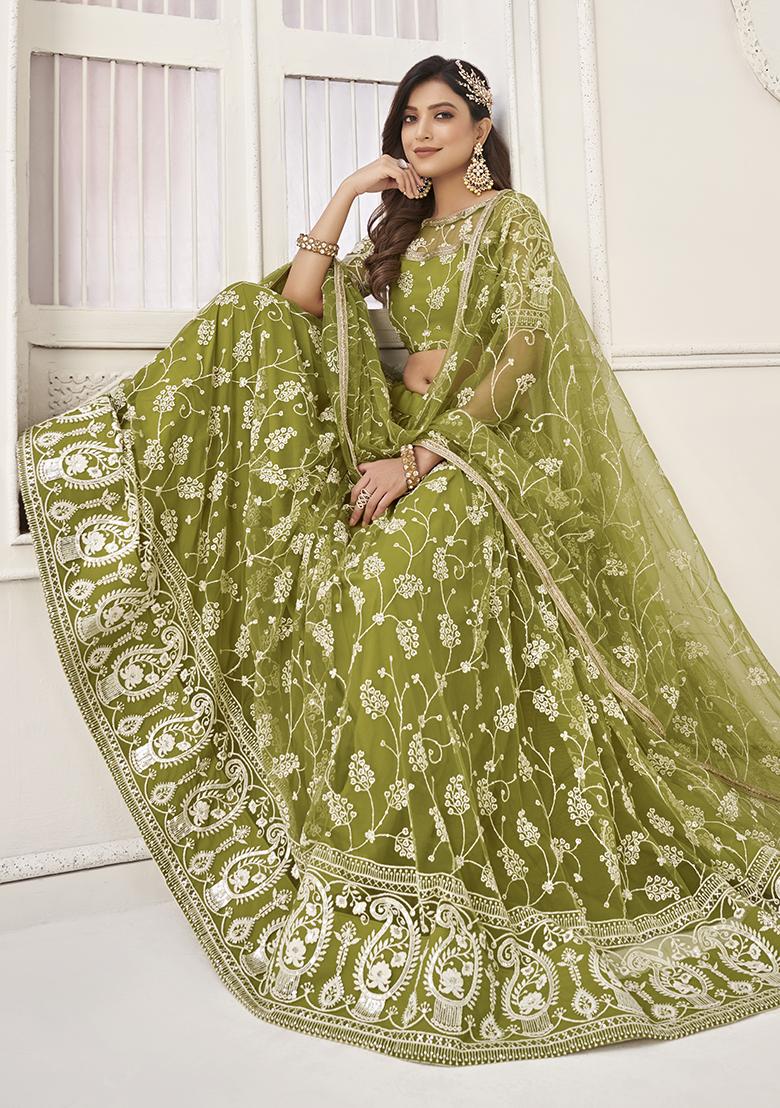 Green Thread Embroidered Butterfly Net Lehenga Set