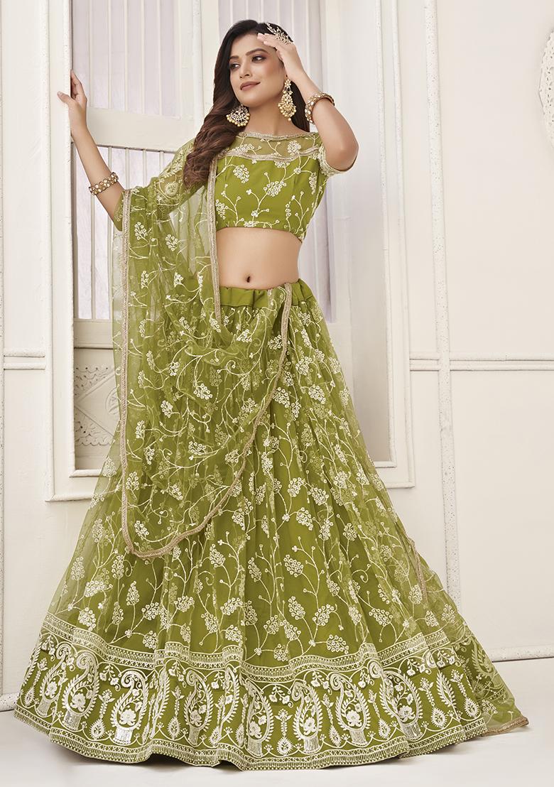 Green Thread Embroidered Butterfly Net Lehenga Set