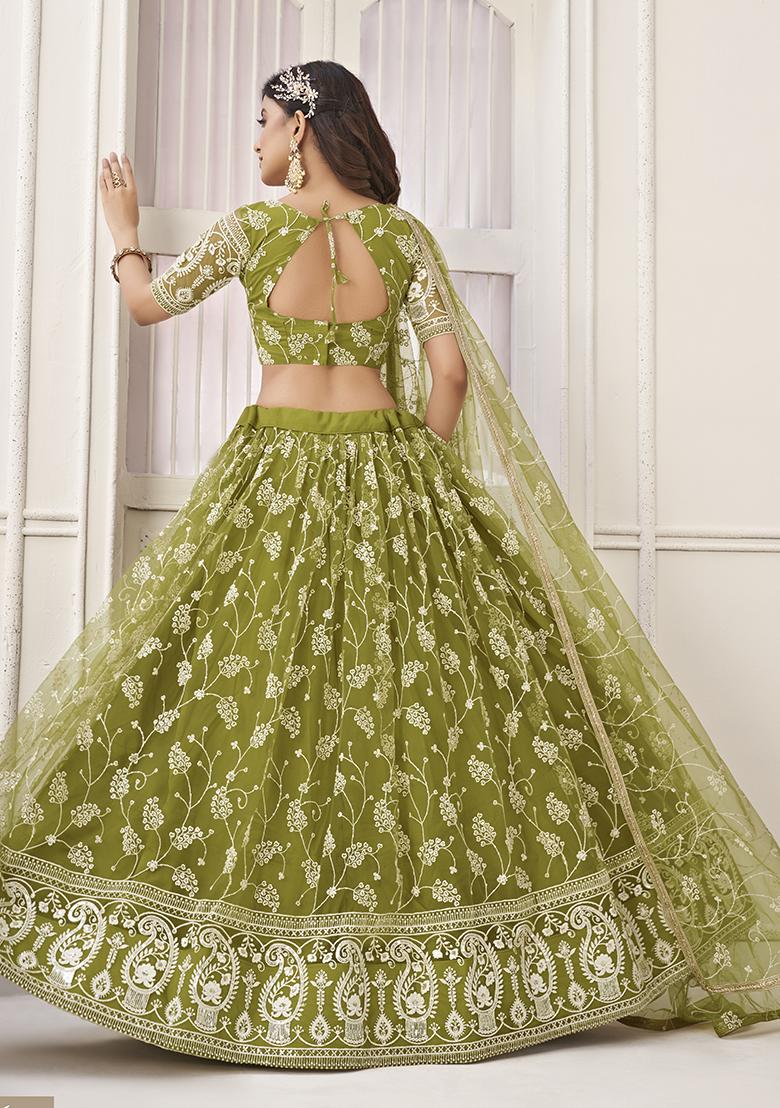 Green Thread Embroidered Butterfly Net Lehenga Set - Indya