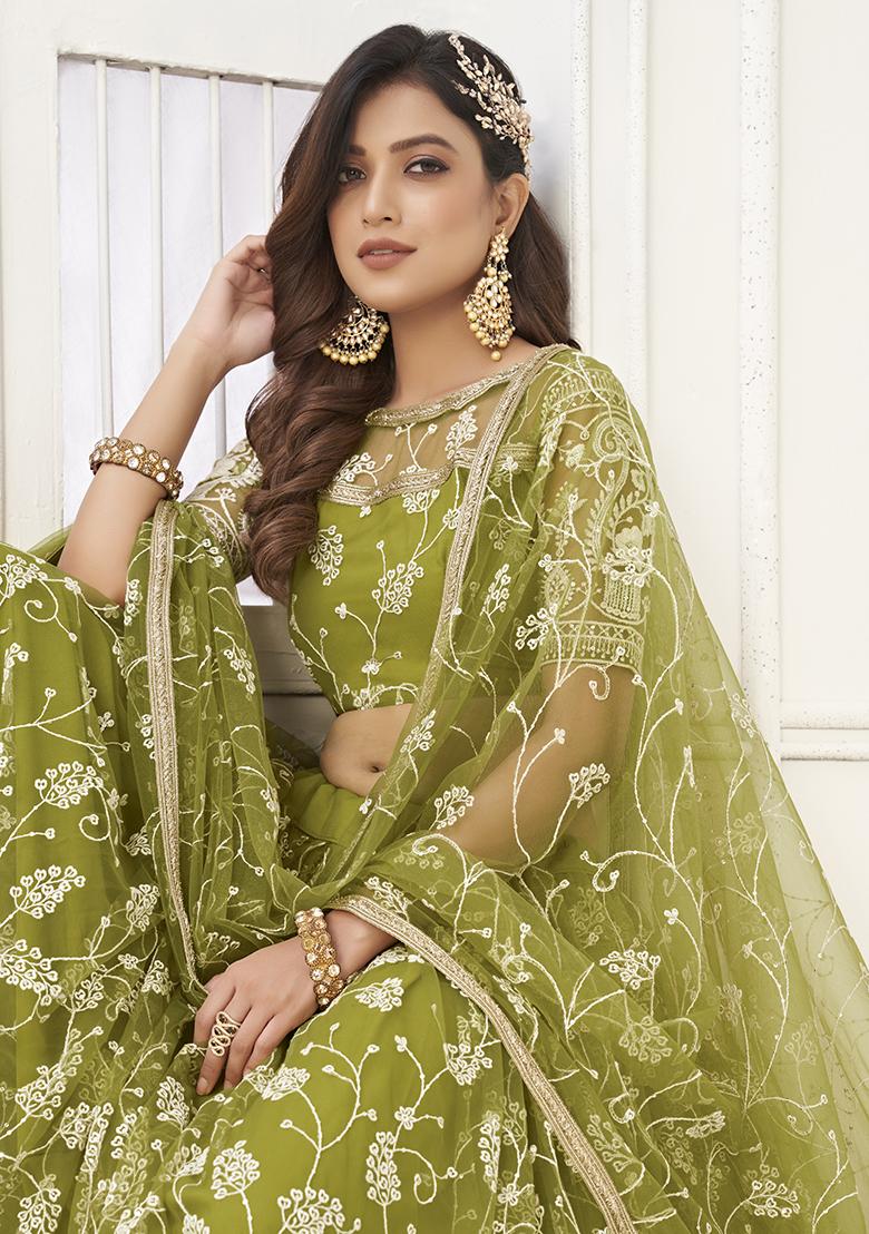 Green Thread Embroidered Butterfly Net Lehenga Set