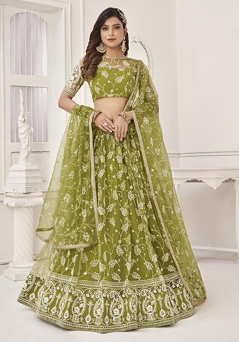 Green Thread Embroidered Butterfly Net Lehenga Set