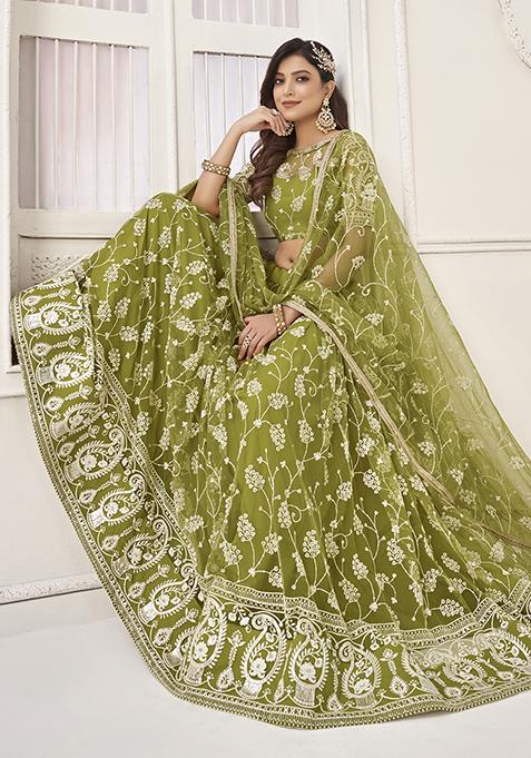 Green Thread Embroidered Butterfly Net Lehenga Set