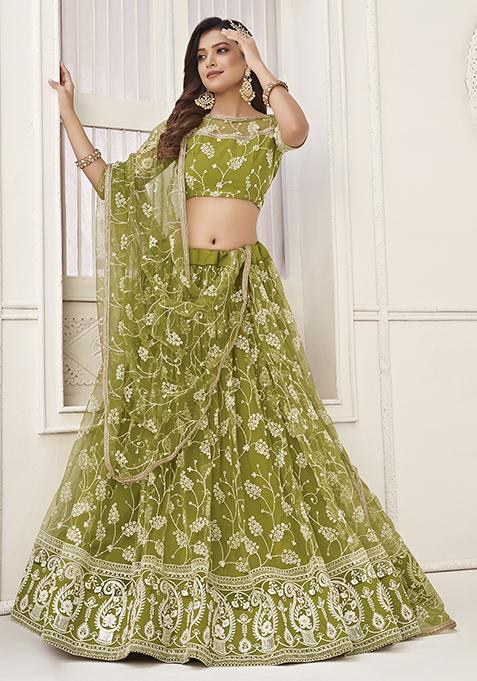 Green Thread Embroidered Butterfly Net Lehenga Set