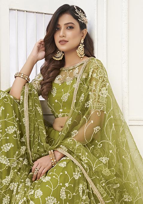 Green Thread Embroidered Butterfly Net Lehenga Set