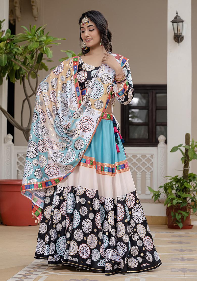 Black Printed Silk Lehenga Choli - Indya
